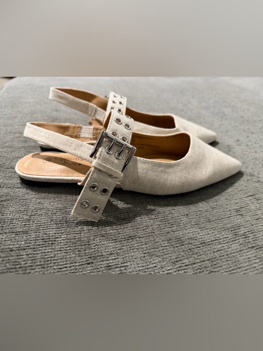 Beige Linen Pointed Slingback Flats with Buckle Strap